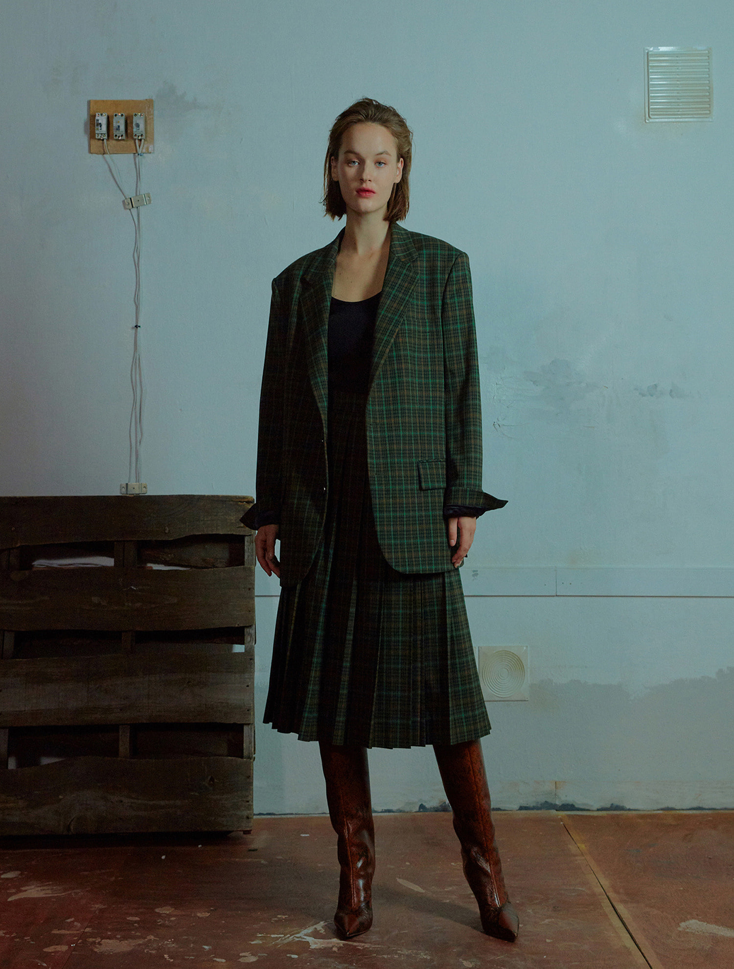 One button check jacket 006 Green