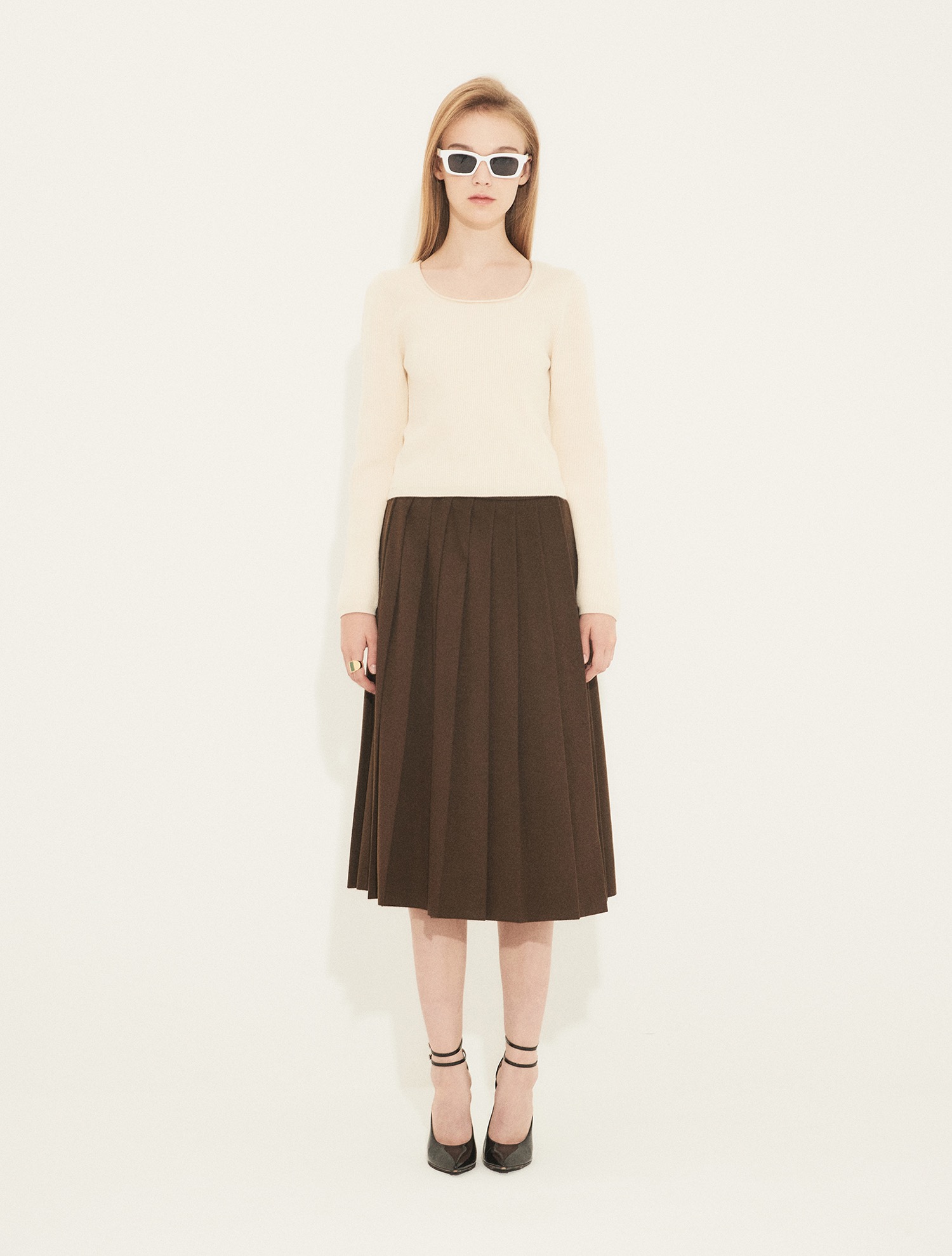 [한지혜 착용]Long pleats skirt 001 Brown