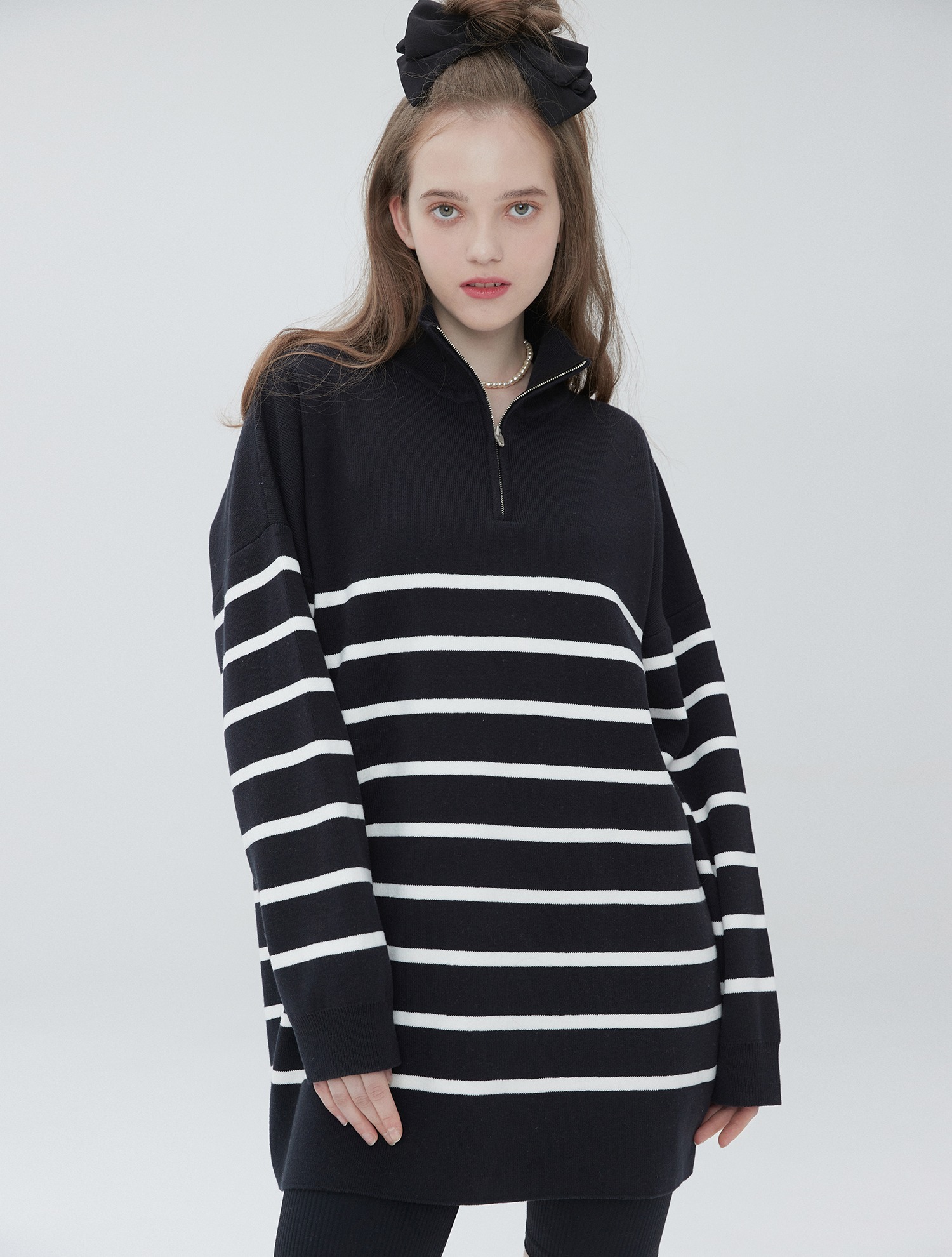 Stripe overfit zip up knit 004 Black
