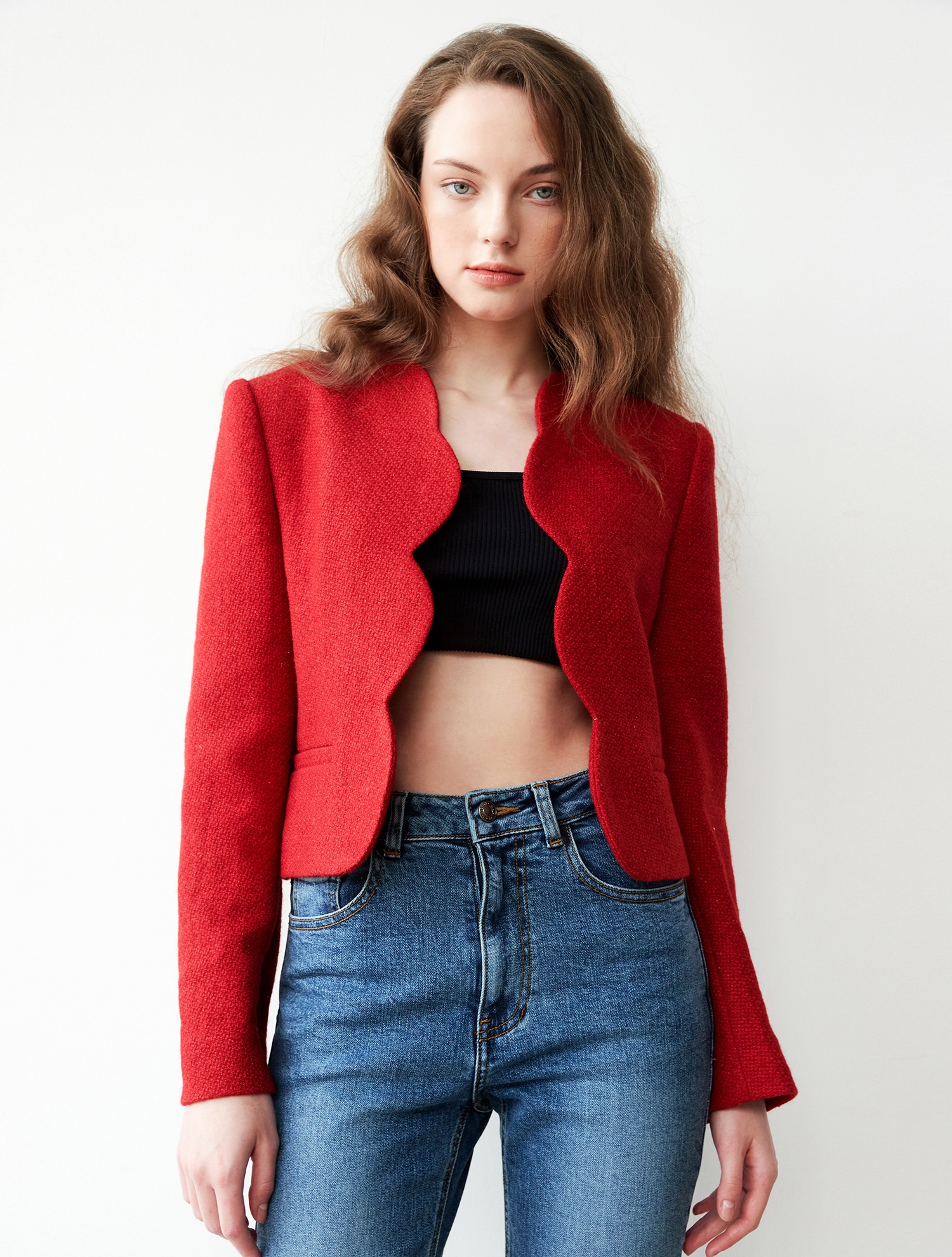 [윤아,유인나,차예련,한보름,김성은,이지혜 착용]Tweed scallop crop jacket 001 Red