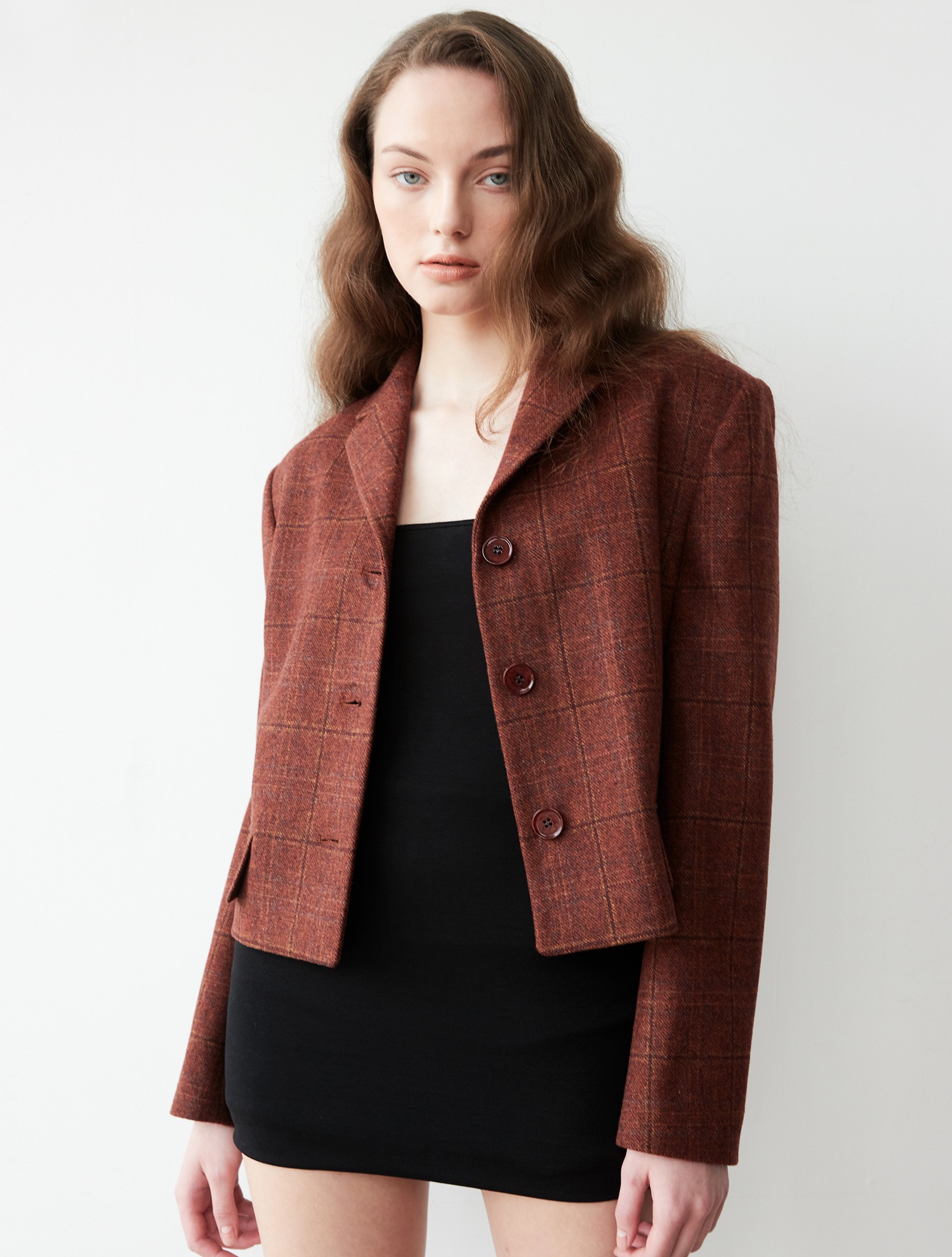 [하지원 착용] Classic short wool Check jacket 003 Brown